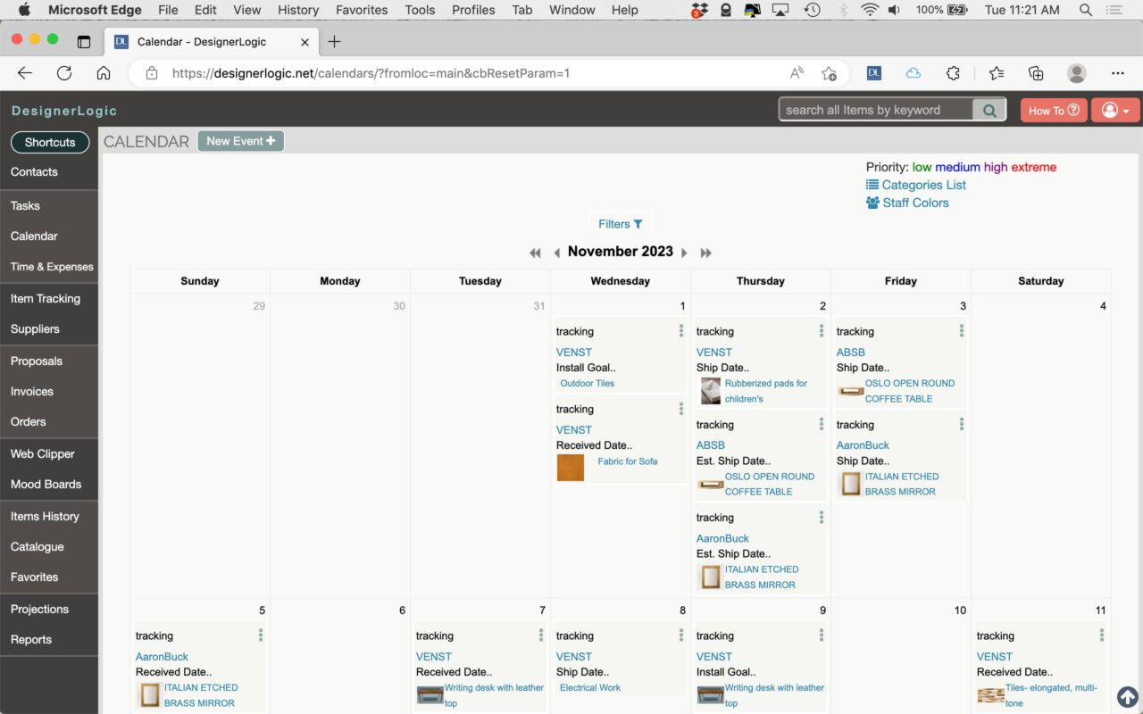 A screenshot of a calendar webpage for November 2023 viewed in Microsoft Edge. The calendar, ideal for project management, displays various events and tasks, color-coded by category. The top navigation bar includes several menu options and a search field. The sidebar lists shortcuts and categories.