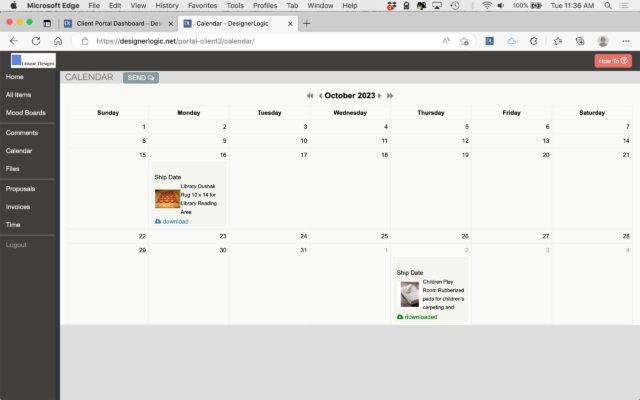 Screenshot of a calendar for October 2023, viewed on a web browser. Various events and appointments are listed, including "Ship Date" on October 17th and 24th, both with icons indicating important tasks. The user interface shows navigation and menu options on the left, designed with project management in mind.