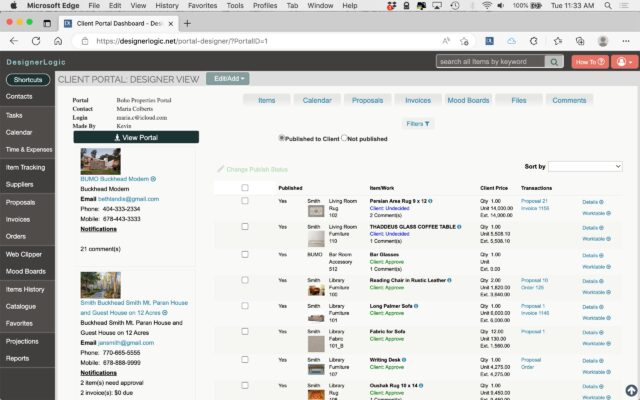 A screenshot of a client portal dashboard from DesignerLogic showcases a sleek interface with tabs like Contacts, Calendars, Proposals, and Projects. On the right, an itemized list displays product specs including quantities, costs, and status updates. Ideal for efficient project management.