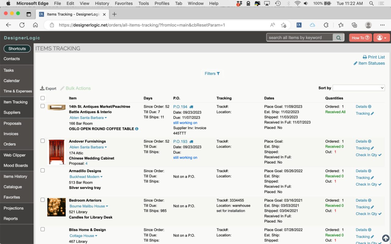 A screenshot of the "Items Tracking" page from DesignerLogic. The table lists various items with columns for item, days, P.O., tracking, dates, and quantity. There are options for filters, print, and item statuses in the upper section of the page. The interface is organized and professional, ideal for detailed project management.