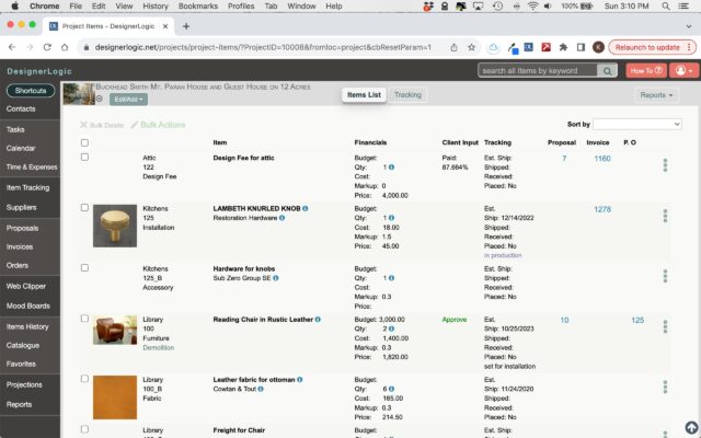 A dashboard interface of a project management software is visible. It displays various aspects such as project items, finances, client input, and tracking. The project list incorporates design logic with categories like Kitchen, Sectionals, and Library, detailing status, budget, and proposals.