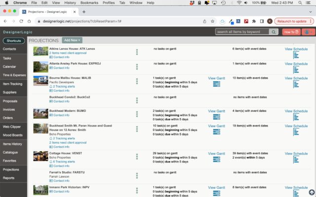 A webpage screenshot displays a project management interface titled "Projections - DesignerLogic." The interface lists various projects, including details such as name, tasks on Gantt chart, items with event dates, and options to view schedule or specs.