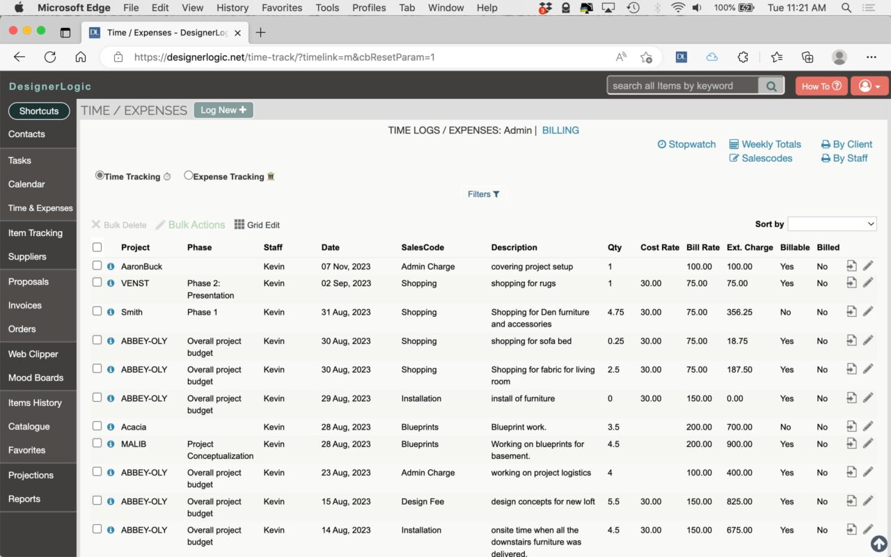 A screenshot of a "Time / Expenses" webpage from DesignerLogic. The interior design-focused page displays a detailed time log and expense tracking list with columns for project, phase, task, date, salesperson, description, quantity, cost rate, bill rate, billable status, total amount, and verified status—essential specs for any project.