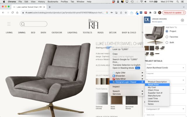 A computer screen displays a webpage from Restoration Hardware featuring a Luke Leather Swivel Chair. A dropdown menu from a Chrome extension called "DesignerLogic" shows the selection of "Product Description." The webpage features an image of the chair, its specs, and product details.