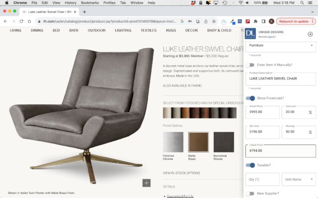 A webpage displaying a Luke Leather Swivel Chair by Unique Designs. The chair is priced at $3,995 ($3,530 for members) and features brass legs. It is available in multiple colors and fabrics. The image shows the chair in an Italian Taura Pewter leather with Matte Brass finish and impeccable design logic for any interior design scheme.