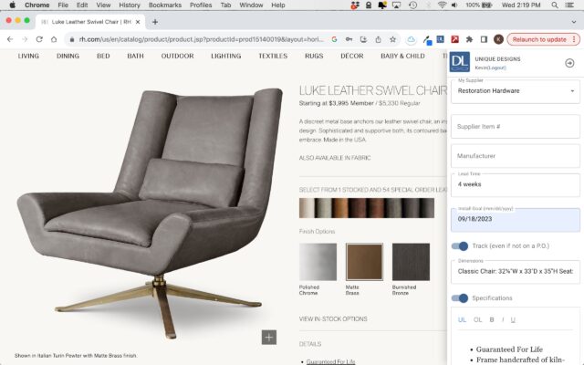 A screenshot of an online product page displaying the Luke Leather Swivel Chair from Unique Designs. The chair is shown in a gray color with a brass swivel base. The page includes design logic such as specs, various options for fabric and base finishes, price details, and navigation tabs at the top.