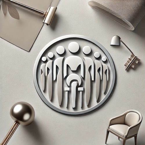 A 3D metallic emblem features stylized figures representing a family or community. Surrounding the emblem are modern office items, including a lamp, a rolled fabric, a chair, and a paper clip. The arrangement is minimalistic with neutral tones, reflecting top interior design associations' standards.