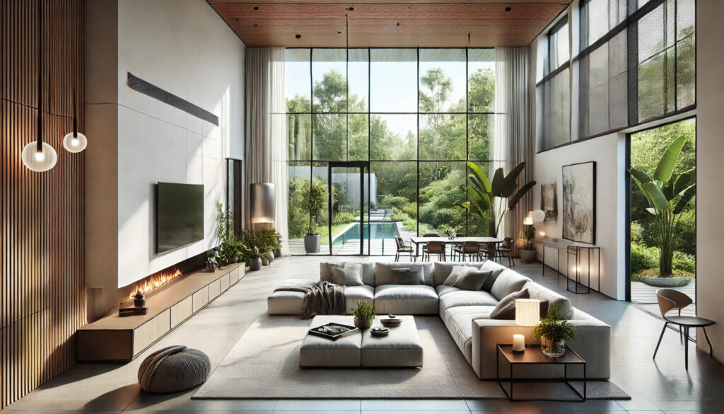 interior design quotes image of a large living room with a large fireplace and a large glass wall