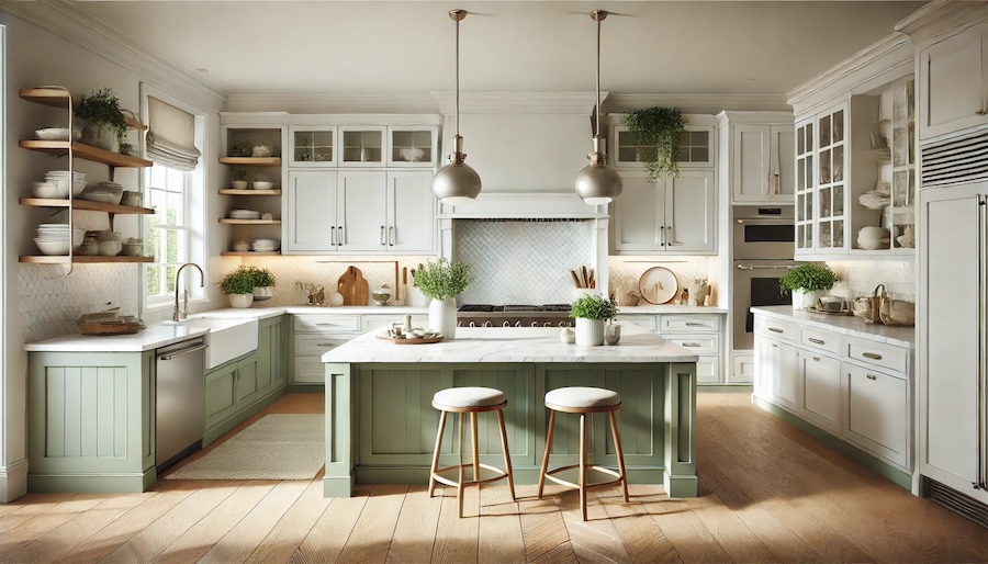 interior design quotes image for a kitchen with white cabinets and green island